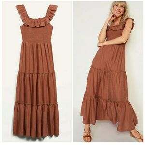 Old Navy Smocked Embroidered Nap Dress Sun Maxi Dress Brown EUC